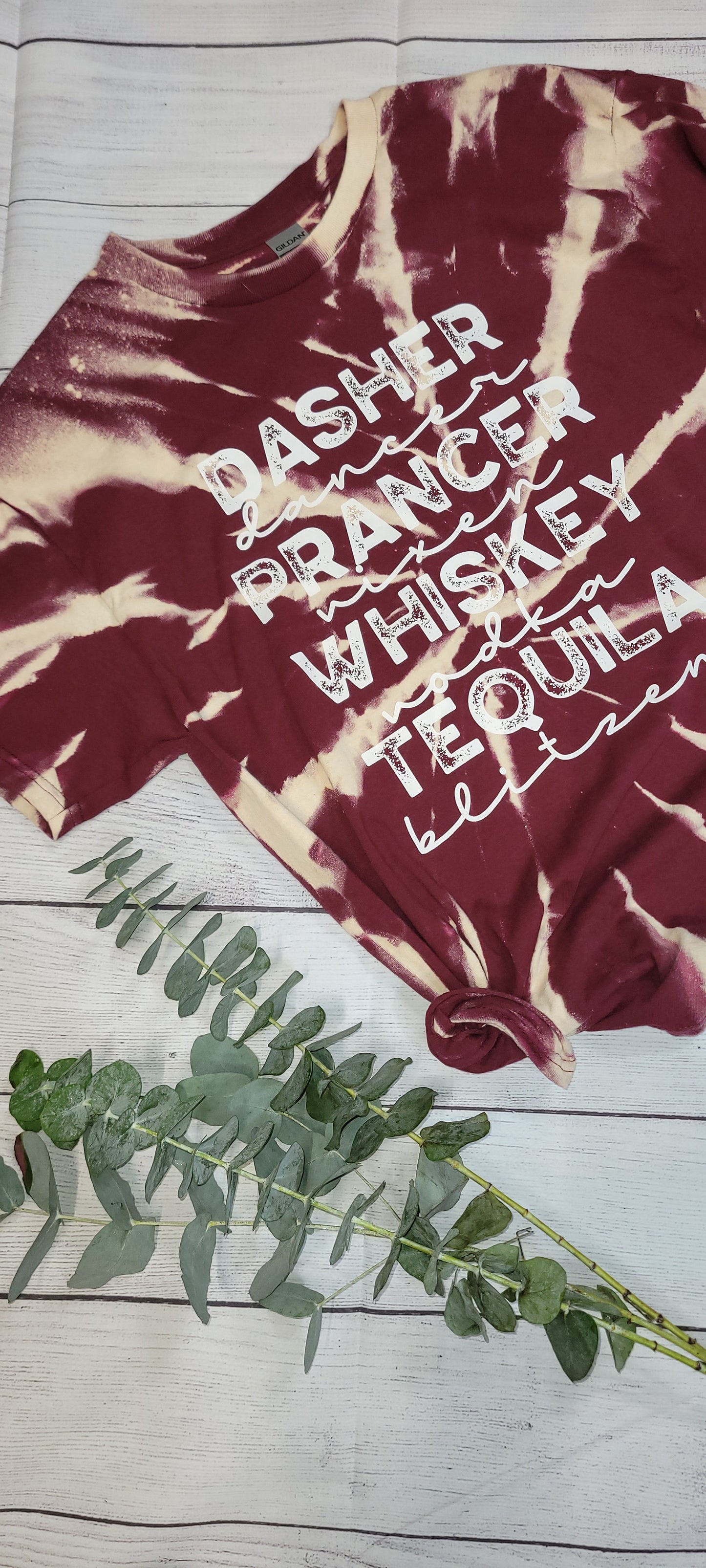 *BLEACHED* Dasher Prancer Whiskey Tequila Print (White) (Custom Order T-Shirt)