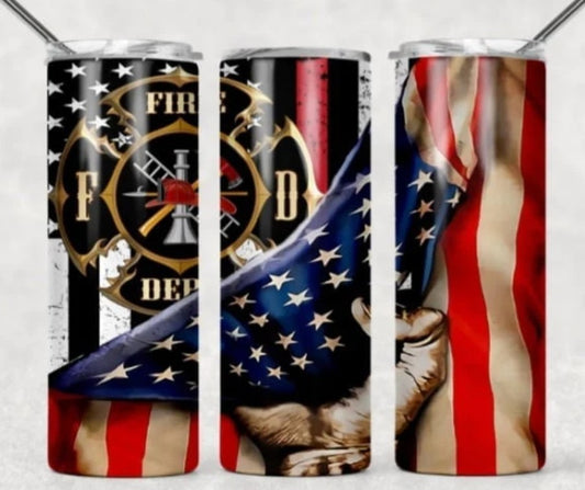 Fire Department Badge with American Flag Tumbler