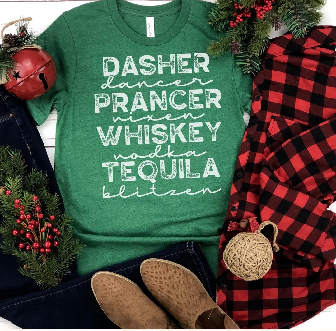 *Solid* Dasher Prancer Whiskey Tequila Print (White) (Custom Order T-Shirt)